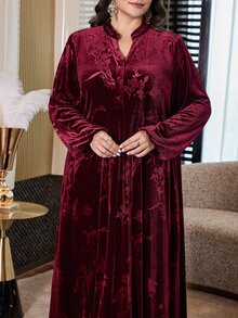 Al Najma Plus Size Women's Jacquard Button Half-Placket Arabic Style Dress - Burgundy - View 4
