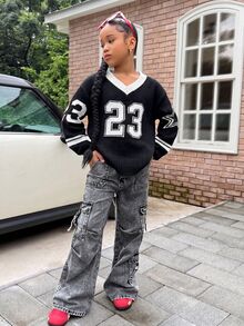 SHEIN 青少年女孩休閒舒適數字圖案V領寬鬆針織毛衣，秋冬毛衣，數字圖案毛衣，學院風母女套裝 - 黑色 - 查看 3