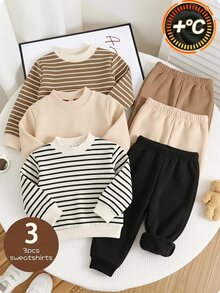 SHEIN 3件組嬰兒男/女童休閒基礎條紋圓領衛衣，秋冬中性嬰兒服飾 - 彩色 - 查看 1