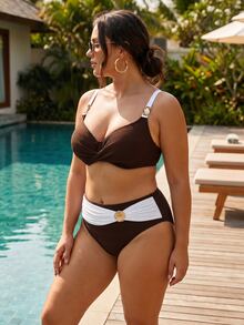 Swim Chiccia 2026 New Plus Size French Luxury Vacation Style Underwire Push-Up Non-Removable Cup High Waist Tummy Control Shaping Slimming Two Pieces Bikini Swimsuit Set - Brown - View 3
