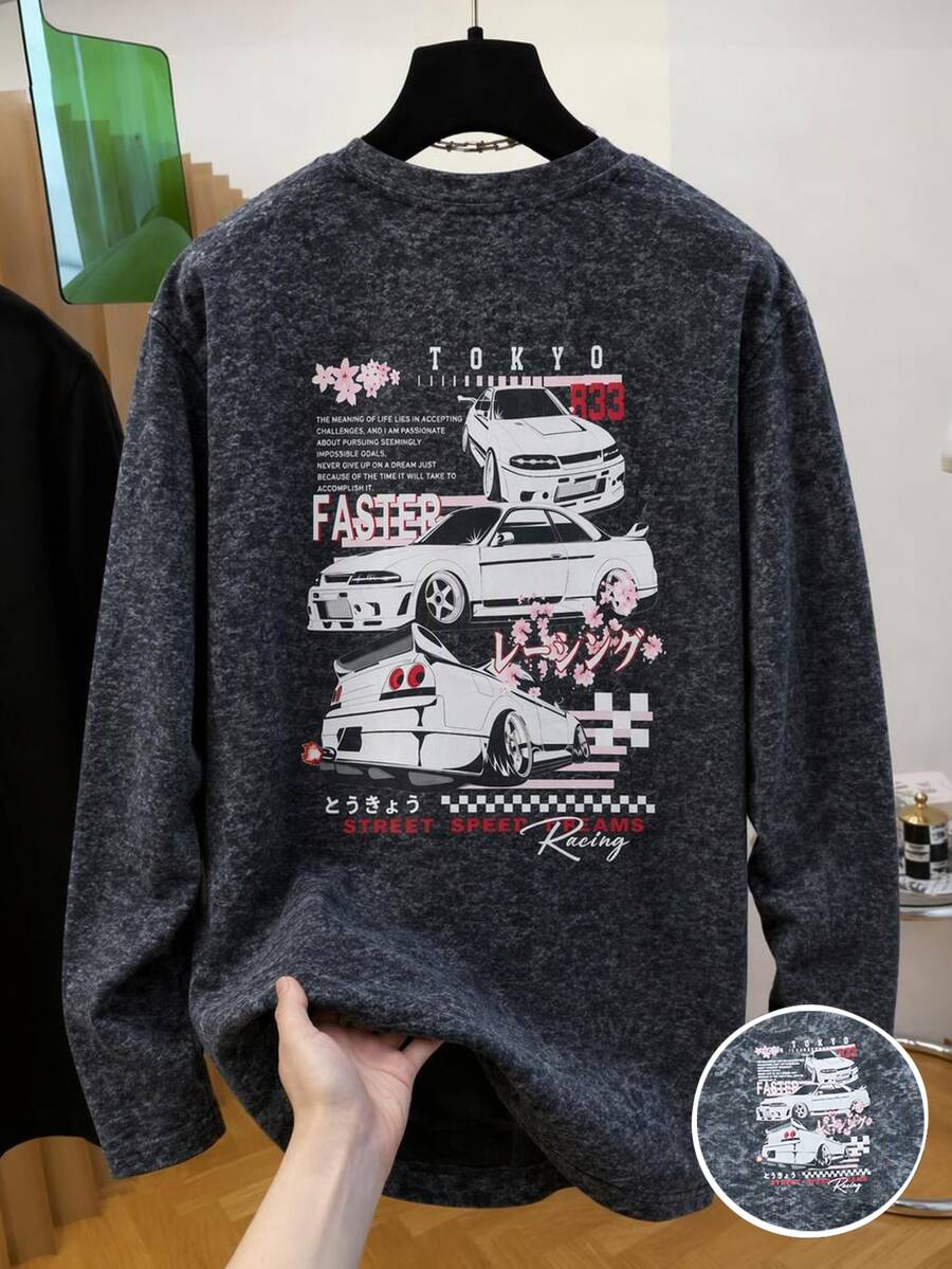SHEIN Teen Boy Slogan Car Print Long Sleeve Casual T-Shirt - Black - View 1
