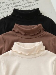 SHEIN LMoss Kids LMoss 3件組女嬰純色針織荷葉邊下擺長袖上衣，秋冬返校教師節畢業季，黑色、棕色、馬卡龍色 - 彩色 - 查看 5