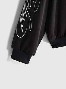 ROMWE Autumn/Winter Streetwear Plus Size Loose Fit Open Front Hooded Sweatshirt With Floral Slogan Print - Black - View 3