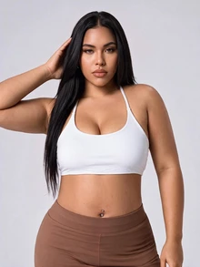 Rhythm Era Women's Plus Size Solid Color Halter Neck Everyday Fitness Sports Bra - White - View 6