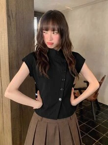 Comfortcana 女款時尚百搭不對稱鈕扣風衣外套 街頭風 優雅教師節 辦公室穿搭 棕色 秋季 - 黑色 - 查看 3