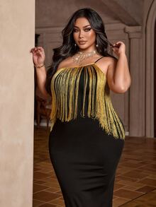 NU&NOW Plus Size Elegant Glamorous Gold Tassel Patchwork Spaghetti Strap Maxi Evening Gown - Black - View 3