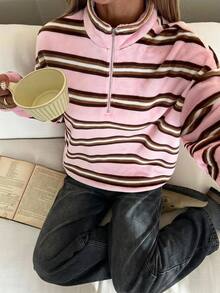 SHEIN EZwear 女款條紋休閒日常長袖運動衫 - 粉色 - 查看 5