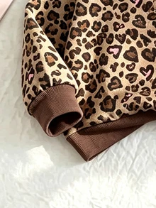 Girls Cute Leopard Print Pullover Sweatshirt & Wide Leg Sweatpants 2 Pieces Set, Comfortable Street Style Outfit, Fashionable Autumn/Winter Daily Wear - Multicolor - View 4