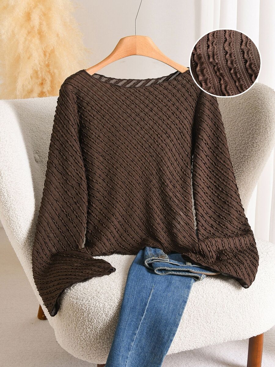Story & Sage Casual Women's Textured Long Sleeve Vacation T-Shirt - Coffee Brown - View 1