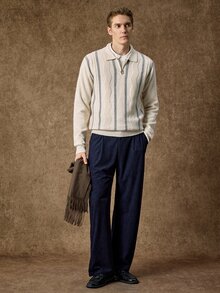 Manfinity CityGents 男士 Polo 領半拉鍊長袖套頭毛衣，休閒針織秋冬服飾，米色與白色拼接寬鬆版型通勤穿搭，直條紋與波浪圖案套頭毛衣 - 米色 - 查看 4