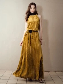 MOTF PREMIUM GOLD HALTER NECK PLEATED EVENING DATE LONG DRESS - Gold - View 6