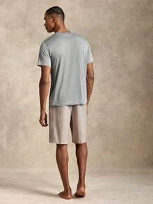 Provexi Provexi 2pcs Men's Solid Color Crew Neck Short Sleeve Top & Drawstring Striped Shorts Loungewear Set - Multicolor - View 2