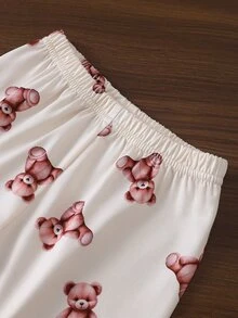 SHEIN 女嬰甜美可愛優雅親膚柔軟舒適休閒日常杏色熊卡通印花針織開襟長袖上衣與褲子2件套居家服 - 杏色 - 查看 3