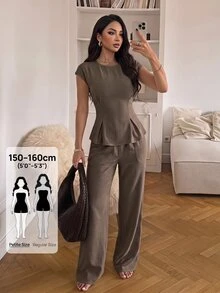 SHEIN PETITE Women's Solid Color Pleated Top And Pants Casual Daily 2 Pieces Set - Coffee Brown - View 9