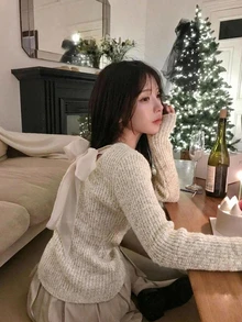 DAZY 女款蝴蝶結綁帶長袖拼色韓風針織衫 - 米色 - 查看 6