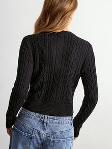 Willow Rêve Women's Floral Embroidered Cable Knit Black Round Neck Long Sleeve Cardigan Sweater - Black - View 2