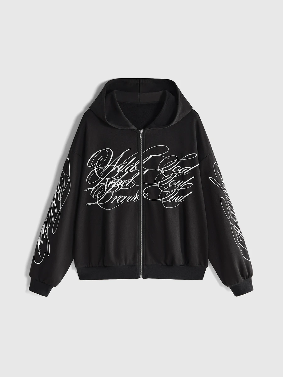 ROMWE Autumn/Winter Streetwear Plus Size Loose Fit Open Front Hooded Sweatshirt With Floral Slogan Print - Black - View 1