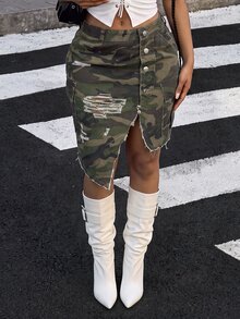Jeanoix Y2K 女款戶外時尚迷彩工裝破洞毛邊軍綠色牛仔裙 - 軍綠色 - 查看 4