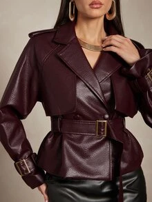 Silquee Women's Fashion PU Material Metal Buckle Long Sleeve Trench Coat - Burgundy - View 8