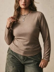 Freevana 大尺碼女款黑色長袖圓領保暖底層衣，抓皺收腰收腹T恤 - 卡其色 - 查看 9