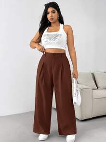SHEIN PETITE CURVE 大尺碼黑色優雅商務休閒正式寬腿褲 素色鈕扣長褲 夏季婚禮教師活動畢業典禮會議辦公室穿搭 - 咖啡棕 - 查看 5