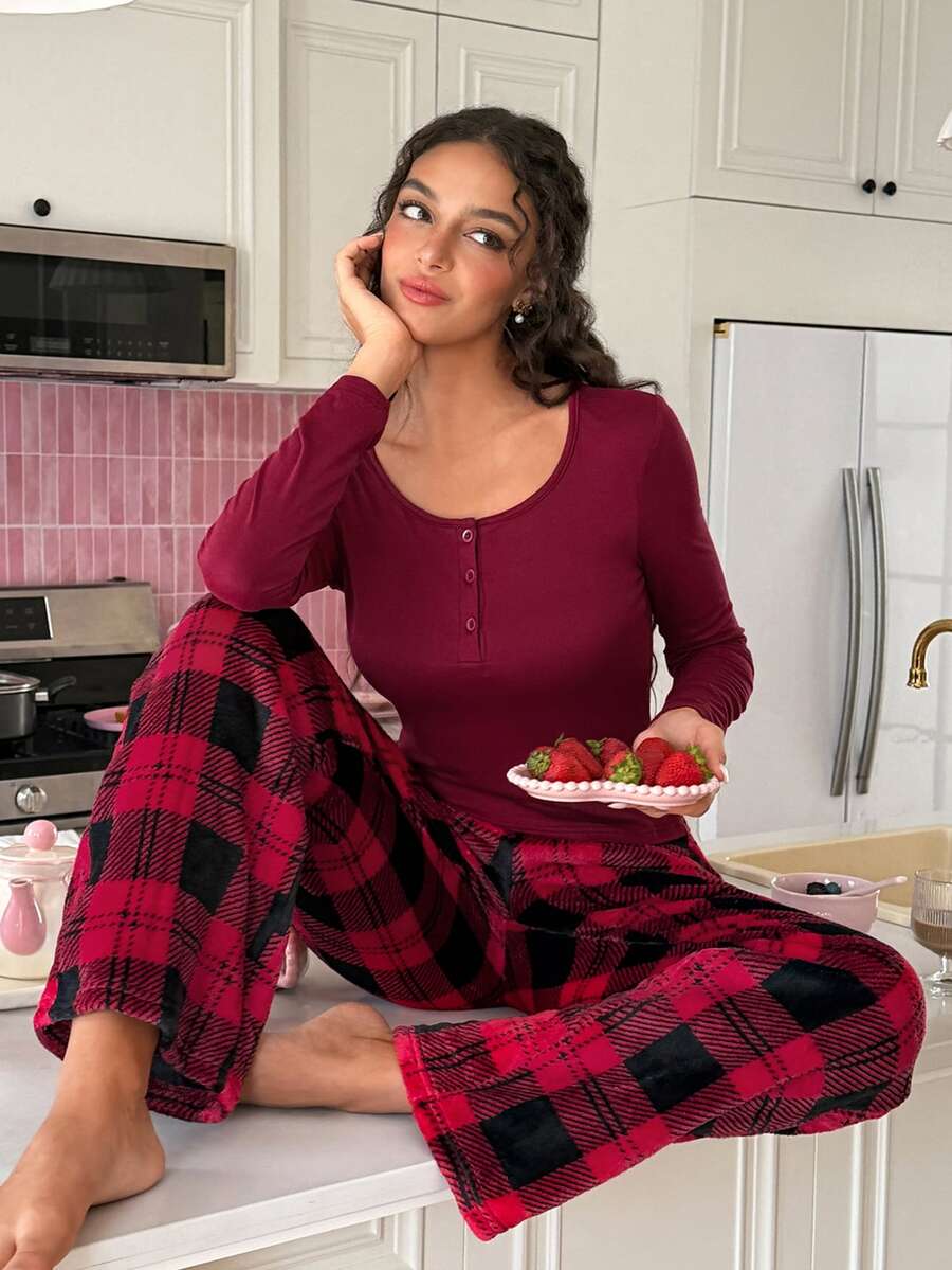 SweetSlumber Setelan Piyama Celana Panjang Lengan Panjang Motif Kotak-kotak Kasual untuk Wanita di Rumah - Merah - View 1