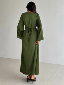 Aloruh 女款優雅棕色緞面派對晚宴禮服，秋季長袖露肩綁腰抓褶不對稱度假用餐洋裝，適用各種場合，AI-Adha - 軍綠色 - 查看 2