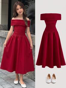 SHEIN Tween Girl Fashion Elegant Tween Girl Red Knit Patchwork -Shoulder -Shoulder Ruffle Long Dress, Suitable For Christmas/Party, Birthday, And Other Occasions - Burgundy - View 1