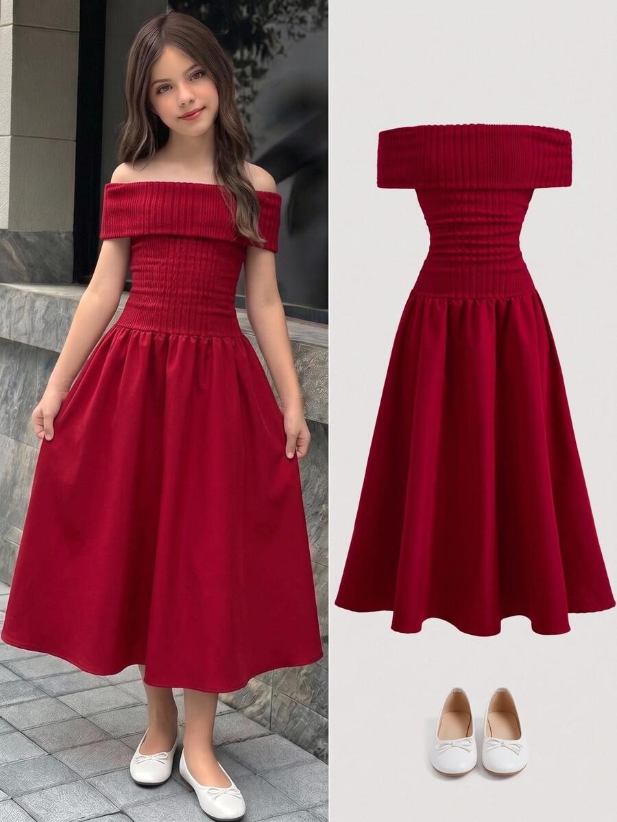 SHEIN Tween Girl Fashion Elegant Tween Girl Red Knit Patchwork -Shoulder -Shoulder Ruffle Long Dress, Suitable For Christmas/Party, Birthday, And Other Occasions - Burgundy - View 1