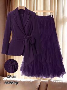 GlowEve CURVE Plus Size Elegant Button Long Sleeve Blazer And Ruffle Hem Soft Midi Skirt Suit Set - Purple - View 1