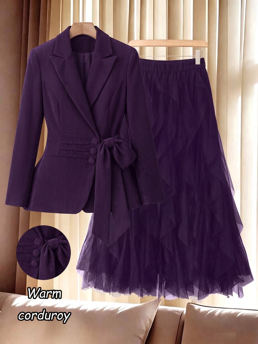 GlowEve CURVE Plus Size Elegant Button Long Sleeve Blazer And Ruffle Hem Soft Midi Skirt Suit Set - Purple - View 1