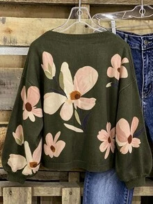 Linhara Plus Size Casual Fashion Versatile Loose Lazy Plus Size Scoop Neck Asymmetrical Shoulder Floral Print Long Sleeve Knit Sweater Pullover - Green - View 4