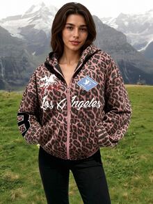 Exploreva Women's Leopard Print Letter Graphic Zip-Up Hooded Sweatshirt - Brown - View 3