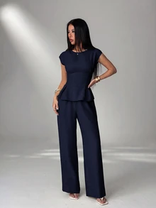 SHEIN PETITE 女款純色上衣與長褲休閒日常兩件套 - 藍色 - 查看 4