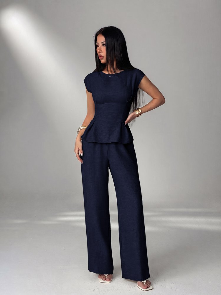SHEIN PETITE طقم نسائي كاجوال يومي من قطعتين بلون موحد، توب وبنطلون طويل - الأزرق - مشاهدة 4