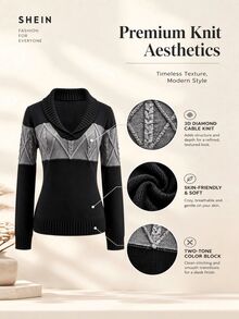 SHEIN Women's Chic Casual Daily Long Sleeve Black Cable Knit Top Sweater Slim Fit V-Neck Fall Winter Going Out Date Night Dinner - Dark Grey - View 6