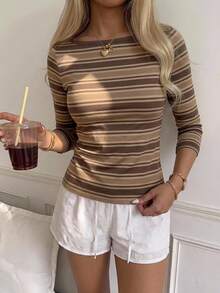 SHEIN EZwear 休閒極簡風 95% 棉性感露肩棕色條紋短袖 T-shirt，適合春夏穿搭，棕色條紋顯白，夏季上衣，適用日常通勤、約會、派對、秋冬春夏、聖誕節、新年、感恩節、婚禮、海灘、畢業典禮，時尚款 - 彩色 - 查看 6