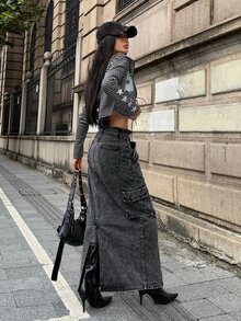 StreetHx Fashionable Casual Streetwear Cargo Multi-Pocket Low Waist Denim Skirt - Black - View 2