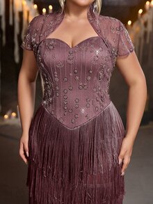 Glamrae Plus Size Elegant Luxurious Lotus Pink Beaded Embroidered Patchwork Multi-Layer Tassel 2 Pieces Shawl Fitted Mermaid Hem Heavy Work Evening Gown Suitable For Wedding, Event, Party, Ball, Vacation, Guest Dress - Dusty Pink - View 5