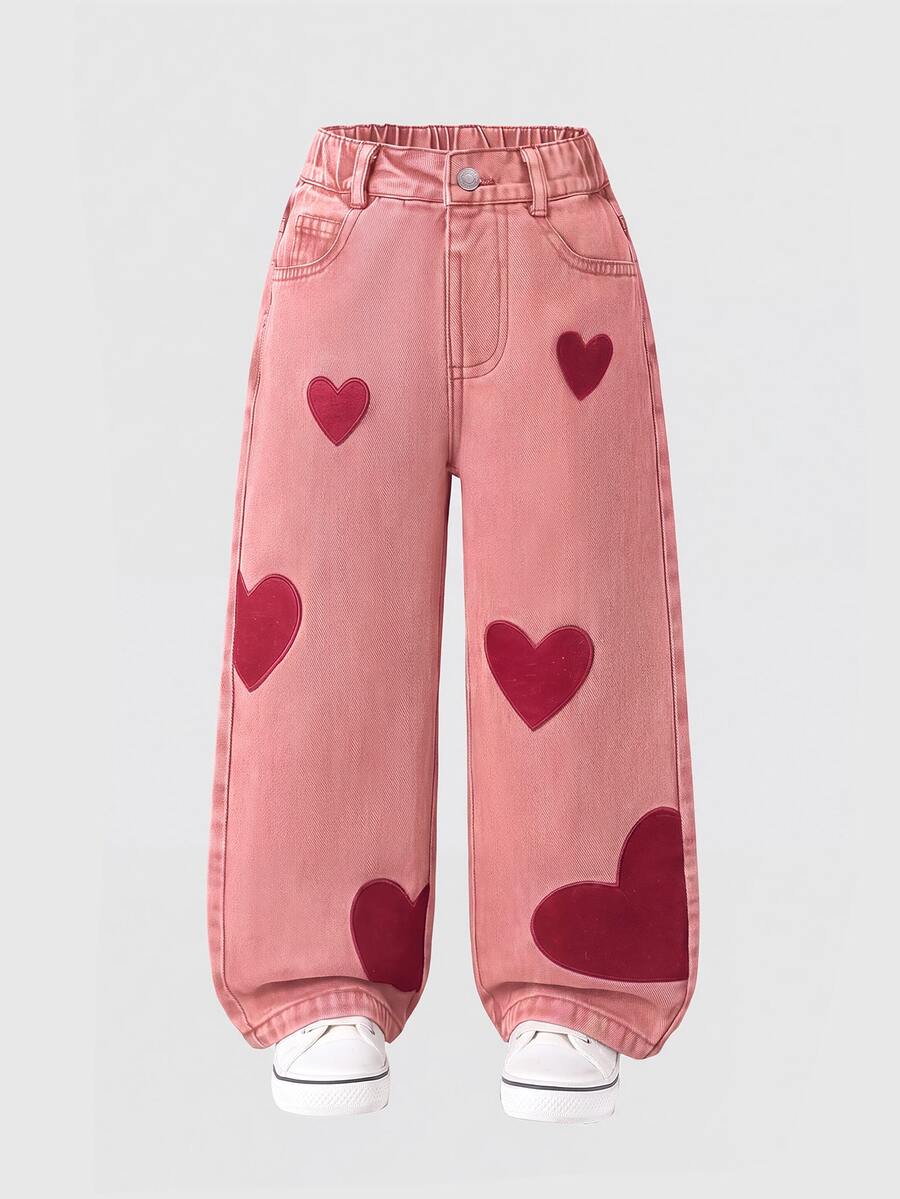 SHEIN Young Girl Fashion Snowflake Washed Distressed Heart Embroidered Jeans 90s Autumn Fall - Pink - View 1