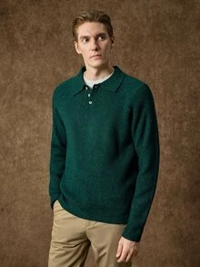 Manfinity CityGents Men's Ribbed Minimalist Button Half-Placket Long Sleeve Sweater - Dark Green - View 5