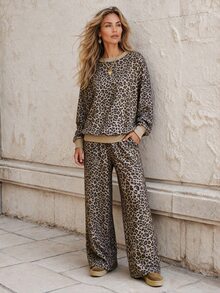 Faunlyn Women's Leopard Print Long Sleeve Top And Loose Pants 2 Pieces Set - Brown - View 4