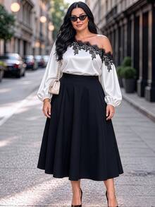 Easura Casual 2-delat set för kvinnor i plus size med spets, patchwork, asymmetrisk axel, topp och kjol för hösten - Multifärgad - Visa 17