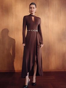 MOTF PREMIUM WOMEN'S ELEGANT HOLLOW OUT SEXY LONG SLEEVE FRONT SLIT DRESS - Coffee - View 3