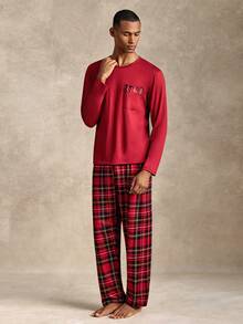EverLounge Men's Plaid Pocket Top And Pants Loungewear Set - Red - View 4
