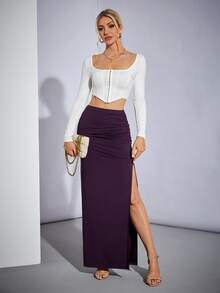 SHEIN Tall 女款黑色抓皺大腿開衩派對裙，適合高個女性 - 紫色 - 查看 5