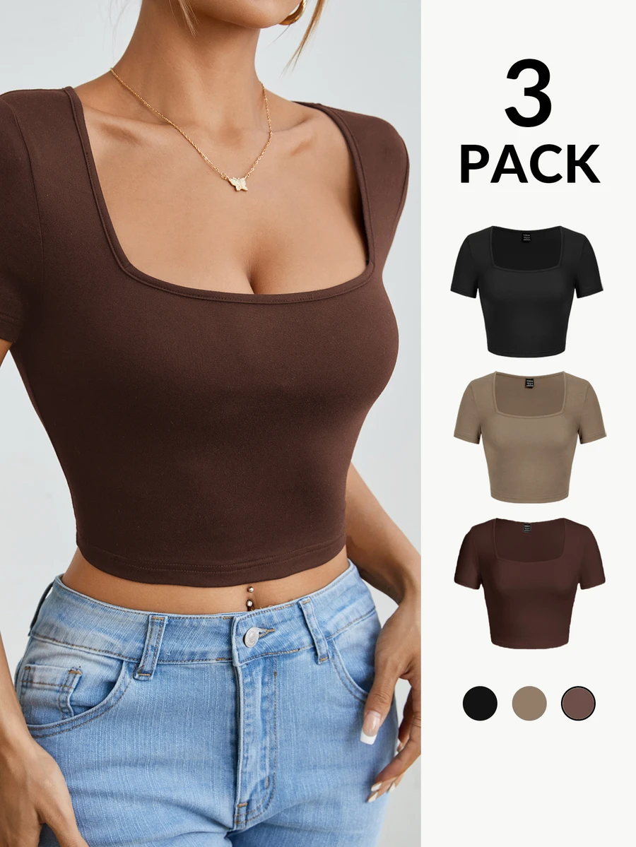 SHEIN PETITE 3pcs Casual Square Neck Short Sleeve Fitted T-Shirts For ...