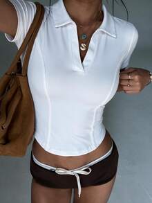 SHEIN Dewbera Women's Cropped Asymmetrical Hem Sports Polo Shirt - White - View 3