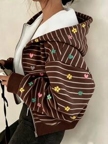 少女花卉愛心刺繡多色棕色條紋拉鍊連帽外套，長袖休閒連帽夾克，休閒復古秋冬穿搭 - 彩色 - 查看 1