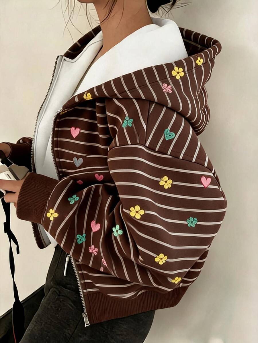 少女花卉愛心刺繡多色棕色條紋拉鍊連帽外套,長袖休閒連帽夾克,休閒復古秋冬穿搭 - 彩色 - 查看 1